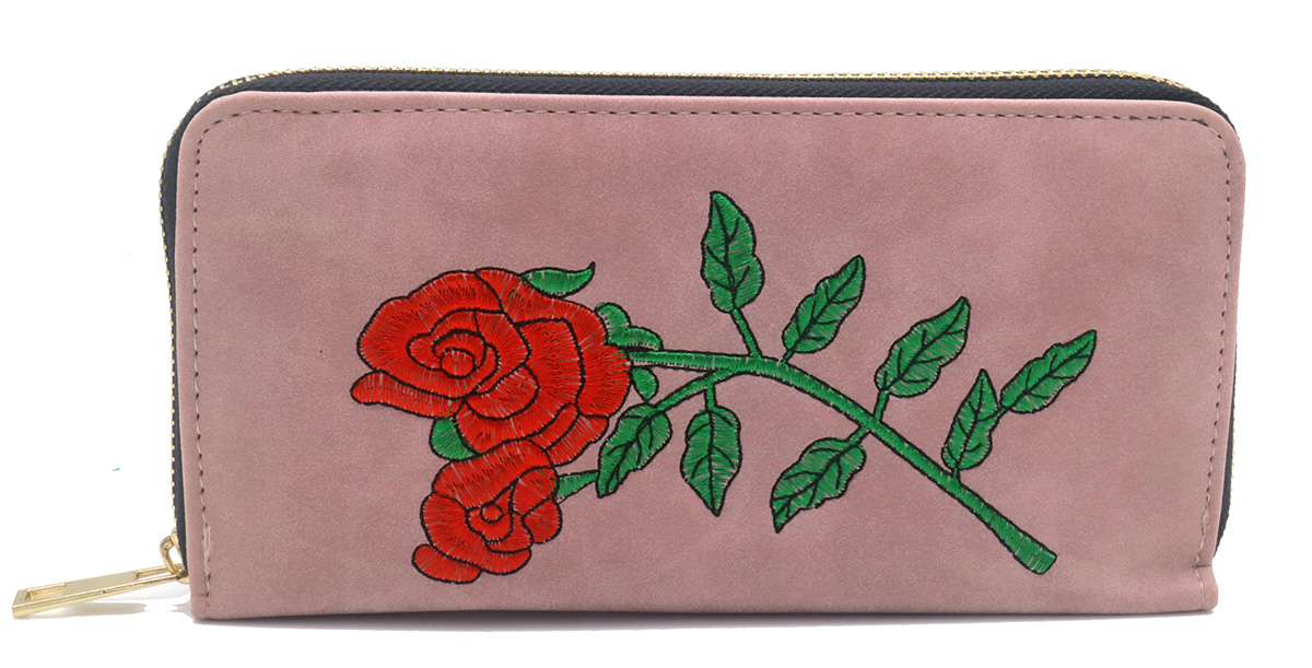 X-P3.1  WALLET1019-003-2 Pu Wallet Roses Embroidery 20x10x2.5cm Pink