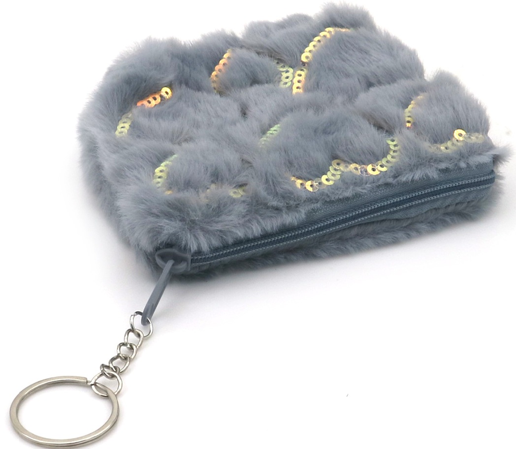 K-D6.2 KY1154-004 Keychain Fluffy Pouch Hearts 12.5x10cm Grey