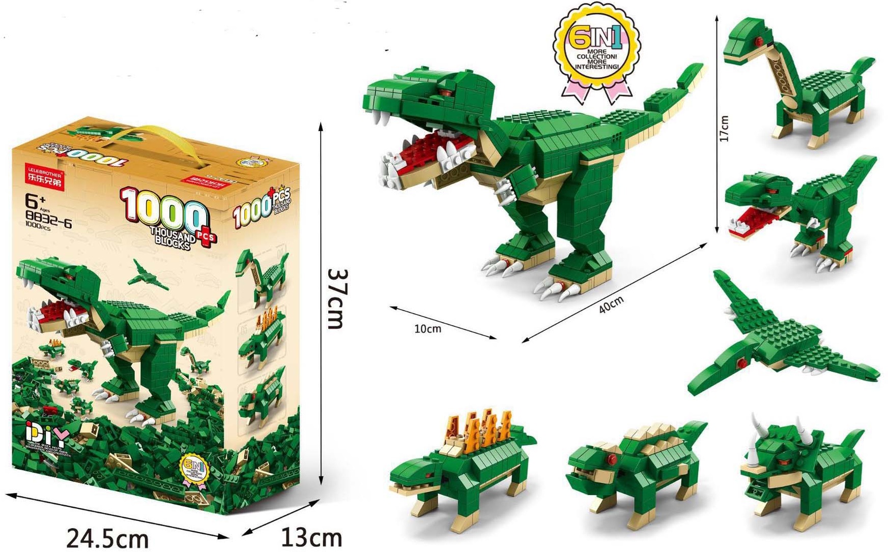 T-P6.2 TOY8832-6 Building Block Set 6 in 1 Dino - 1000pcs