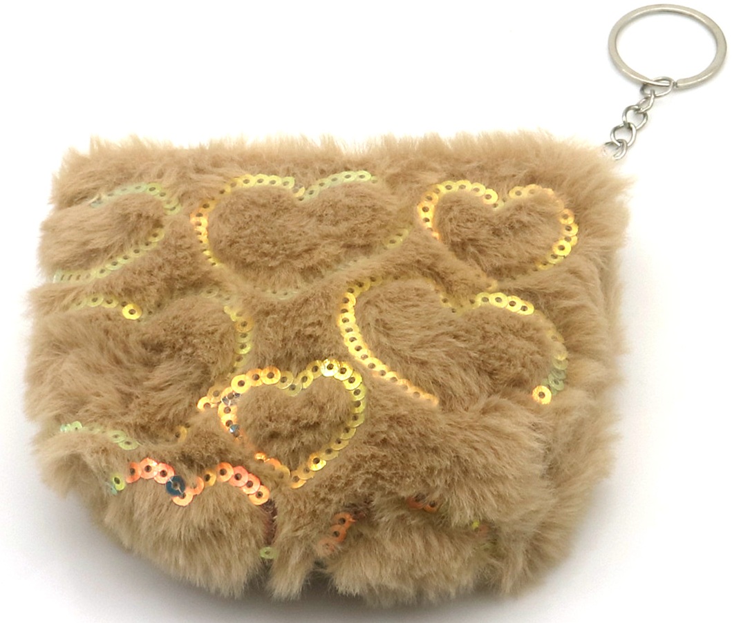 K-B6.1 KY1154-004 Keychain Fluffy Pouch Hearts 12.5x10cm Brown
