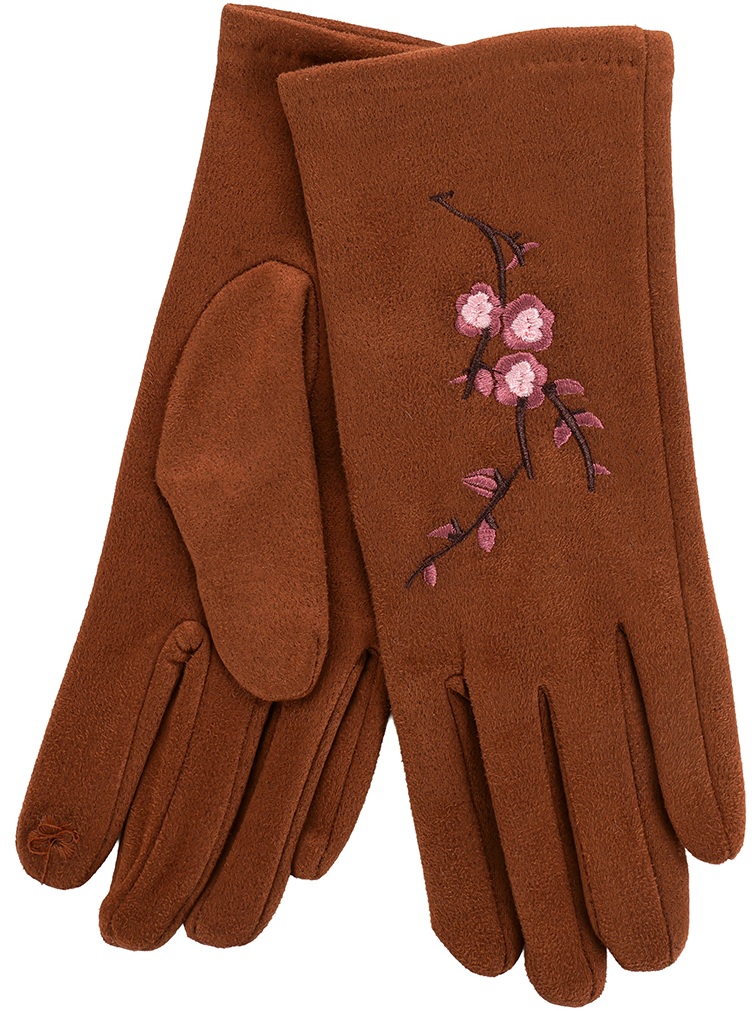 X-C3.2  GLOVES704-021-3 Gloves Embroidered Flowers Brown