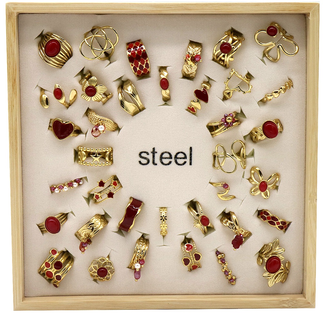E-F14.1 R1144-006-5 S. Steel Rings Adjustable in Display - 36pcs Red
