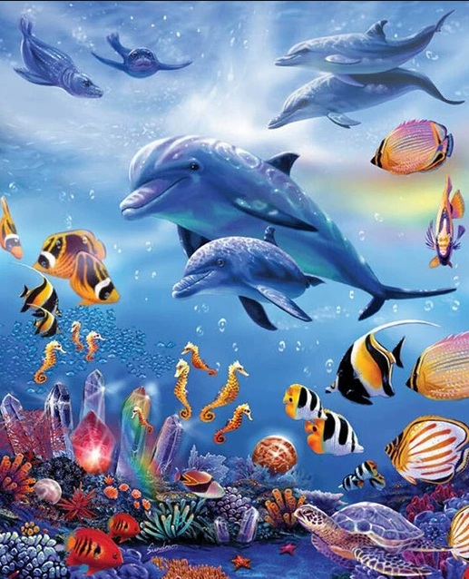 T-L2.1 DP2545004 Diamond Painting -Canvas 30x20cm - Painting 25x15cm Dolphins