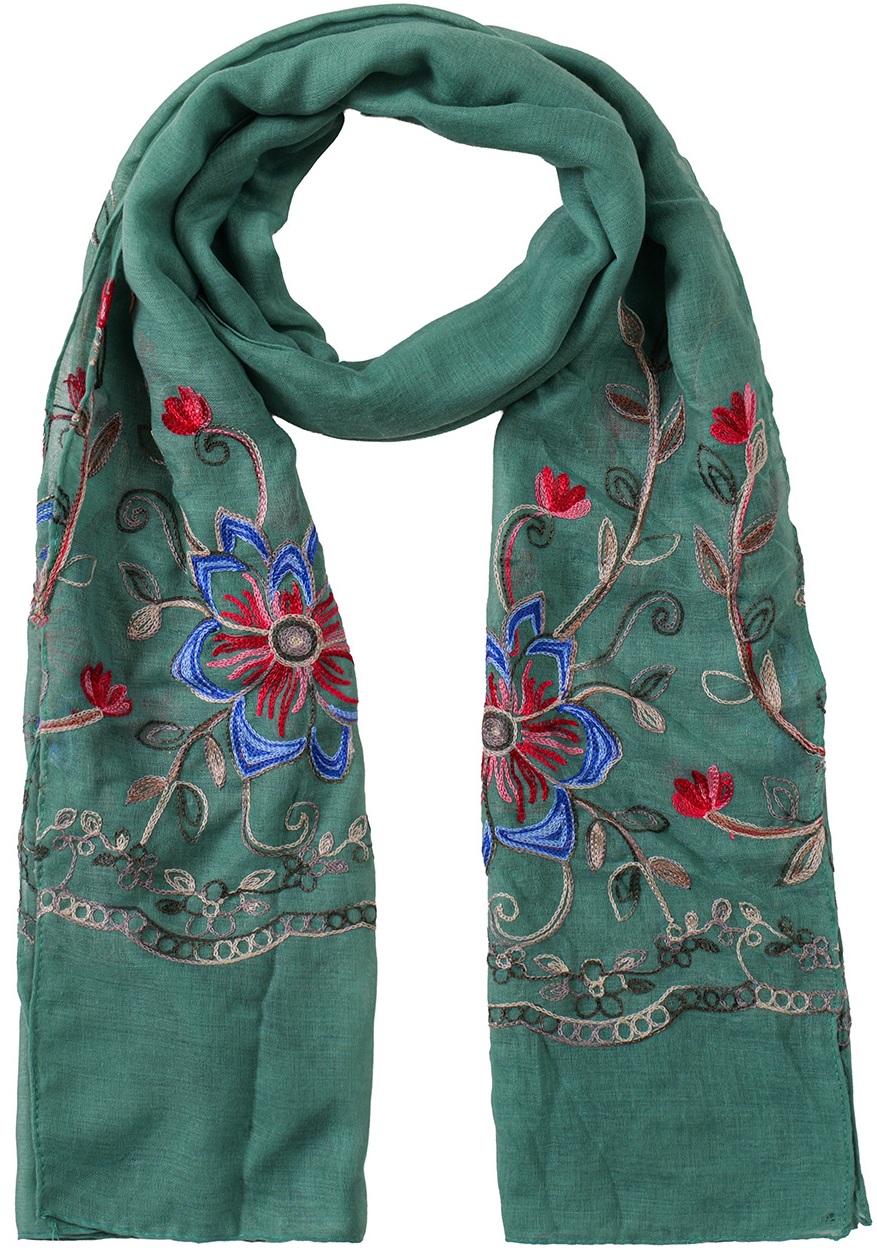 Q-F6.1 SCARF1110-033-3 Scarf Embroidered Flowers 180x70cm - Green