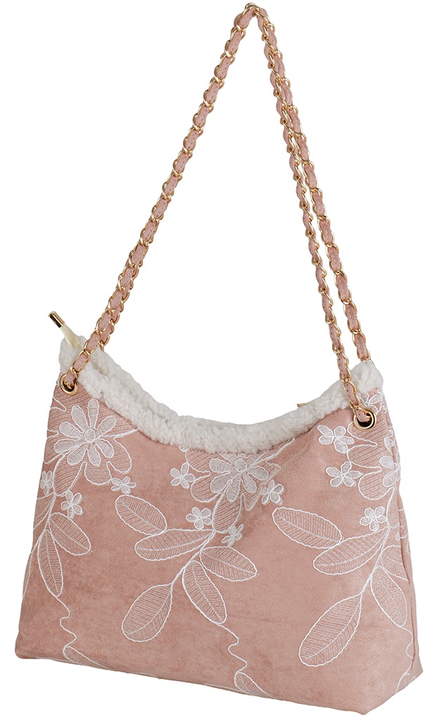 R-H3.1 BAG1021-024-3 PU Bag Embroidered Flowers 40x28x13cm Pink