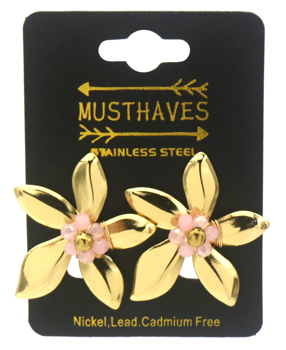 E-F18.4 E1144-002-2 S. Steel Earrings Flower 3.5cm Pink
