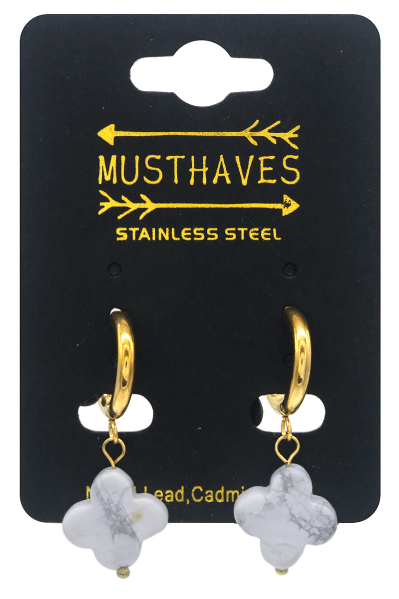 E-C15.2 E2431-058-2 S. Steel Earring Stone Clover 3cm White
