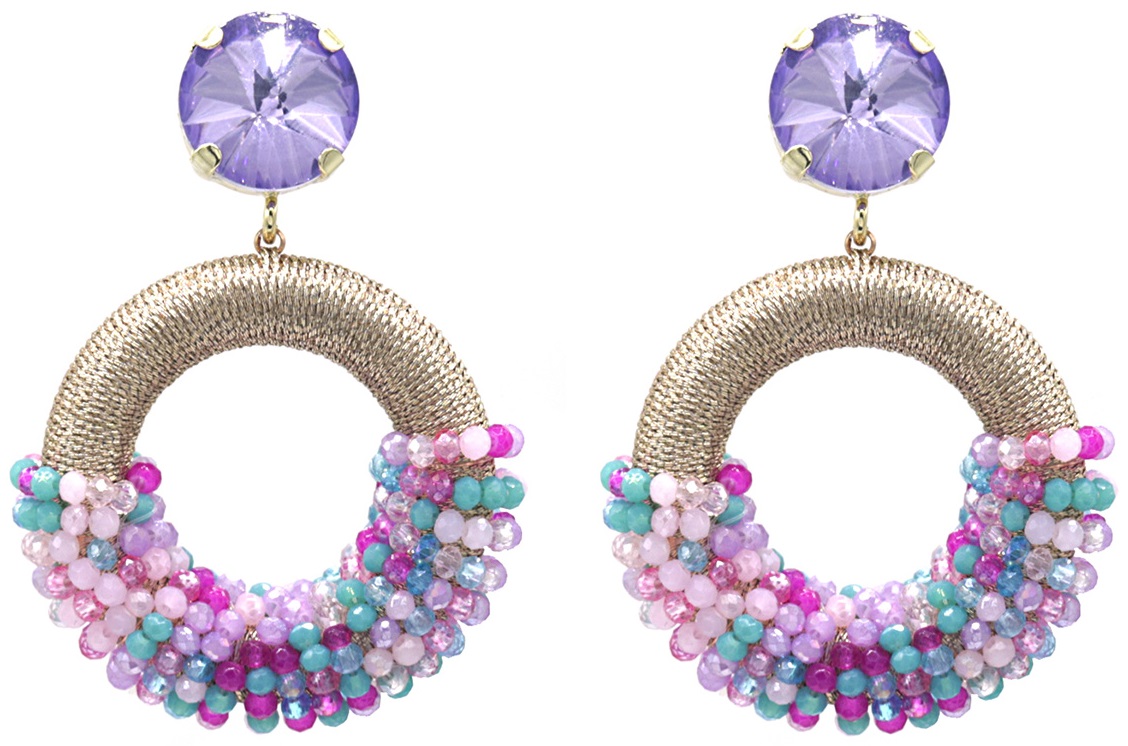 F-D11.2 E827-006 No.1 Crystal Beads Earrings 5.5x4 cm Purple