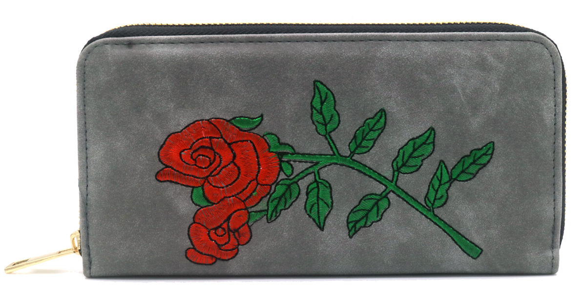 X-Q10.3 WALLET1019-003-3 Pu Wallet Roses Embroidery 20x10x2.5cm Grey
