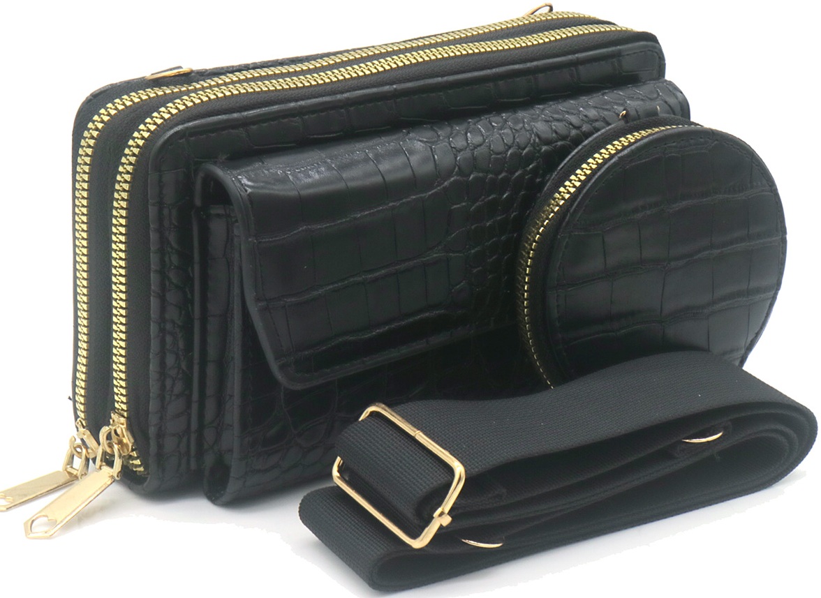 R-N7.2 BAG1010-003-1 PU Bag Croco with 10cm Wallet 19x11x6.5cm Black