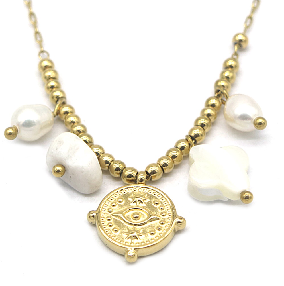 G-A21.2 N031-006G S. Steel Necklace Pearls-Stones-Coin