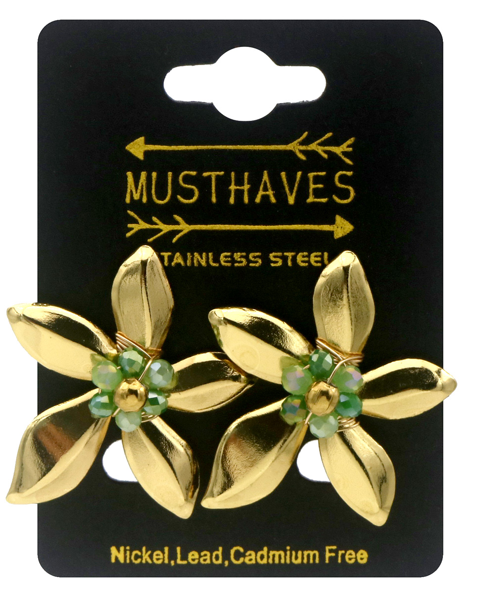 D-F20.1  E1144-002-4 S. Steel Earrings Flower 3.5cm Green