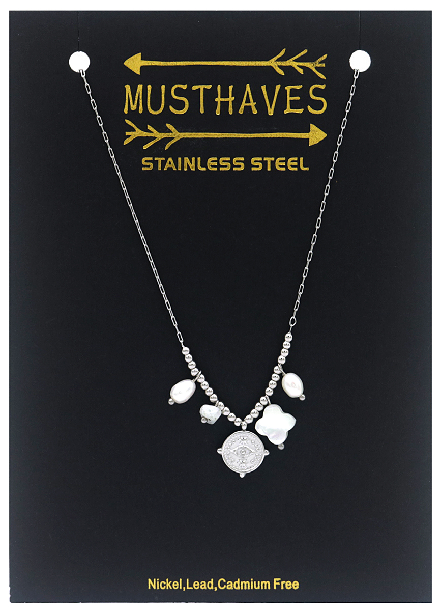 D-C23.1 N031-006S S. Steel Necklace Pearls-Stones-Coin