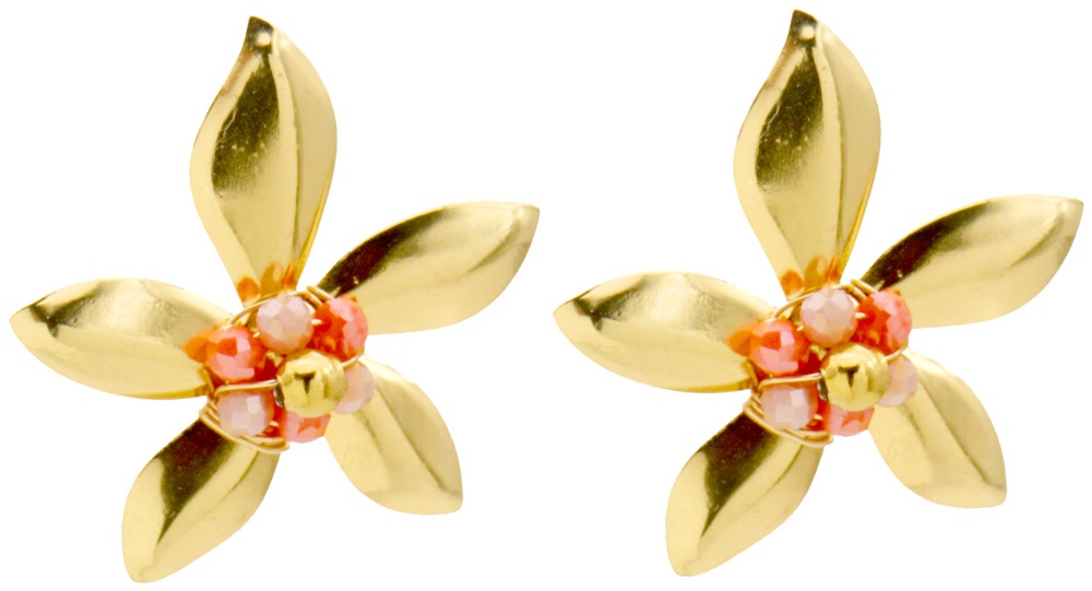 E-F5.4 E1144-002-1 S. Steel Earrings Flower 3.5cm Orange