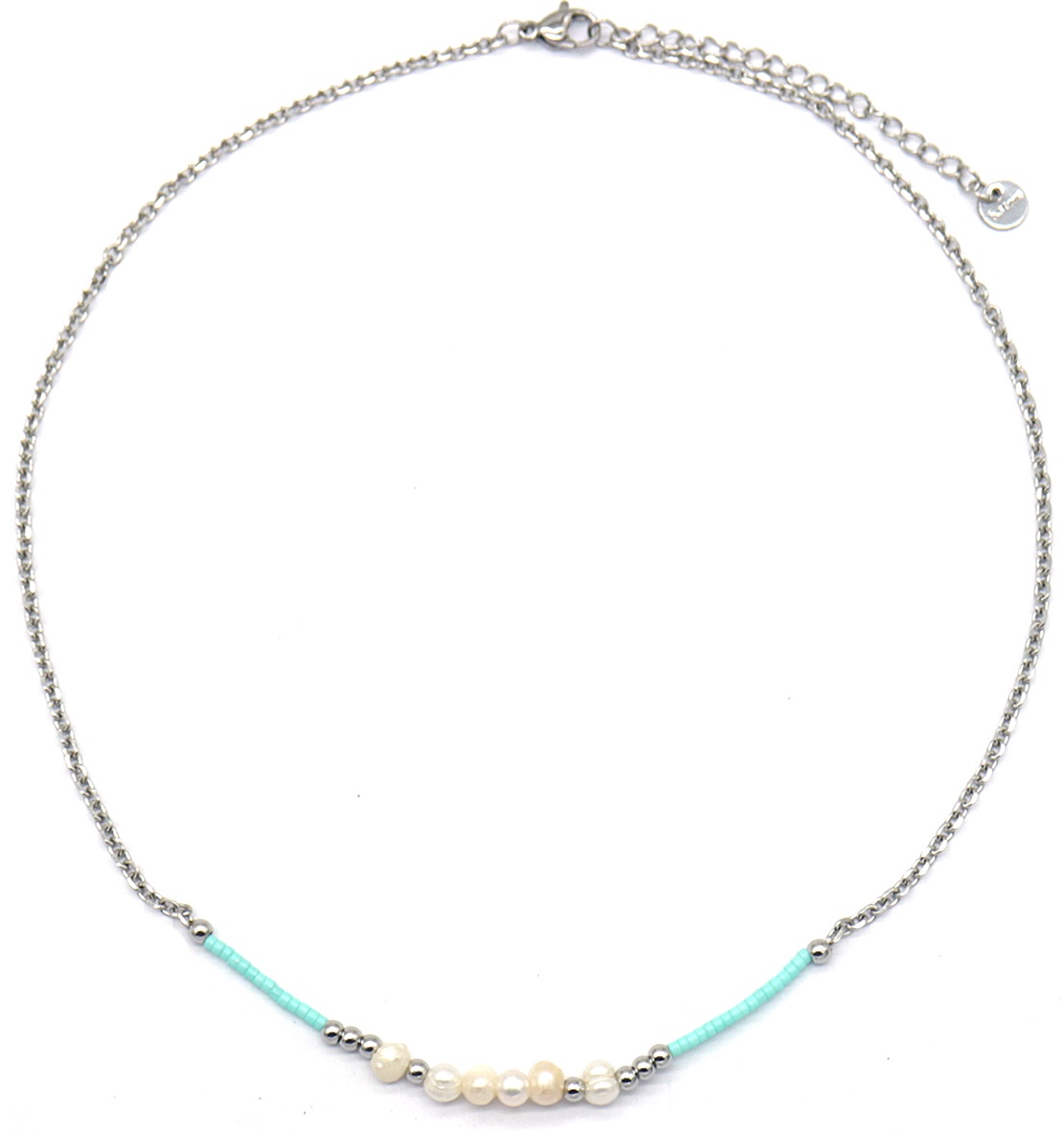 C-B2.2 NA221-103S S. Steel Necklace Glassbeads Freshwater Pearls 40-45cm