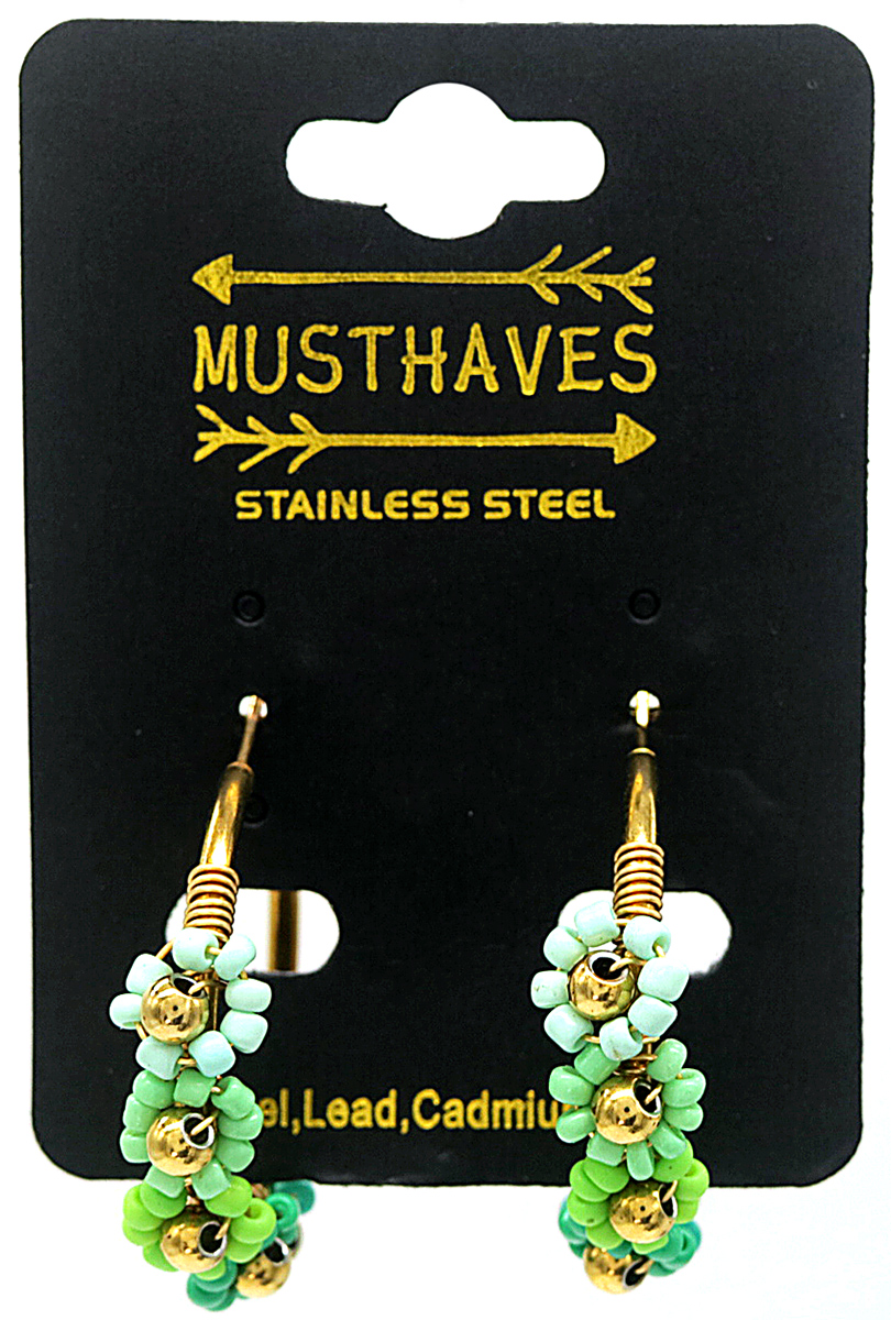 A-E3.2 E221-345 S. Steel Earrings Glassbeads Flowers 3.2cm Green