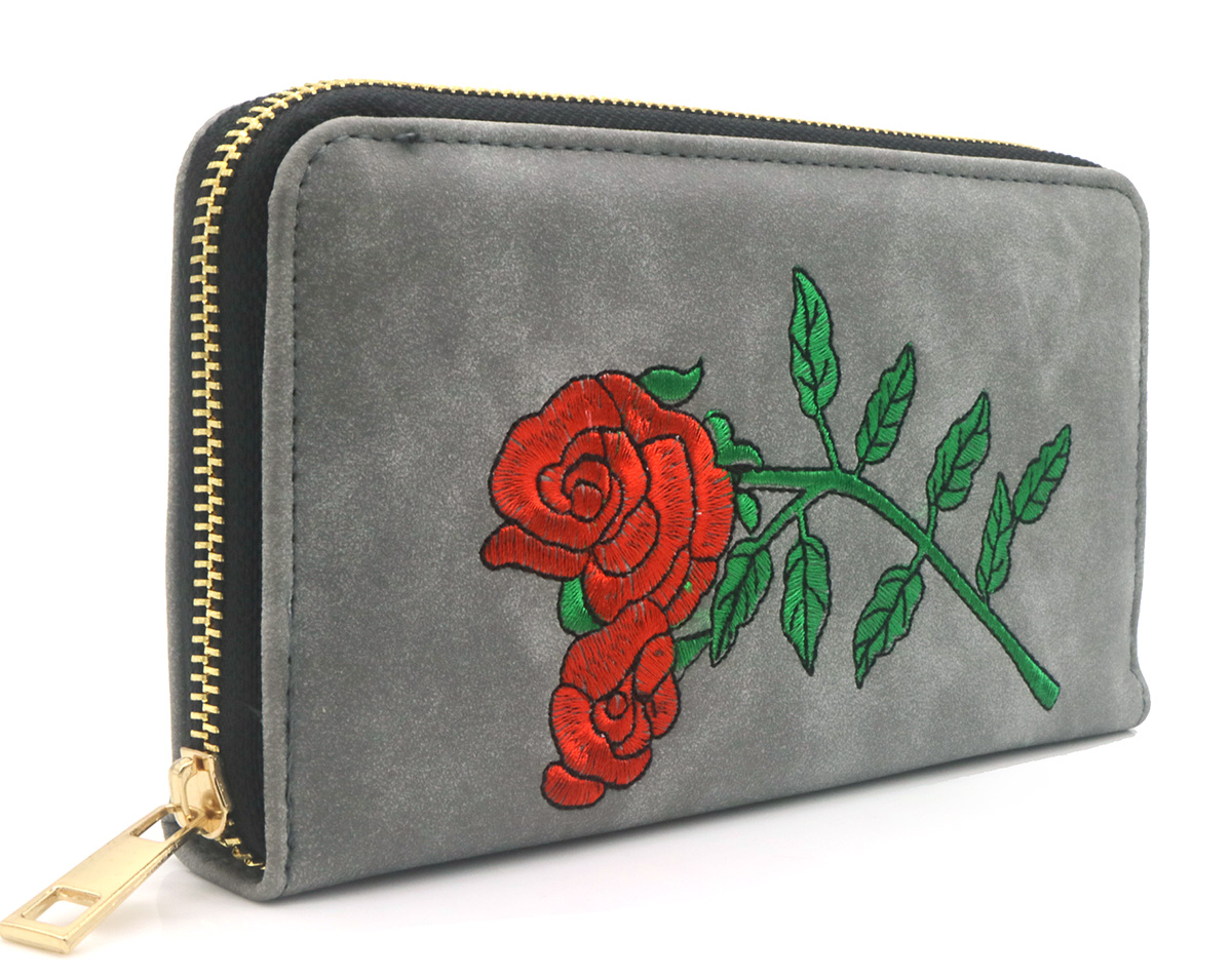 X-Q10.3 WALLET1019-003-3 Pu Wallet Roses Embroidery 20x10x2.5cm Grey