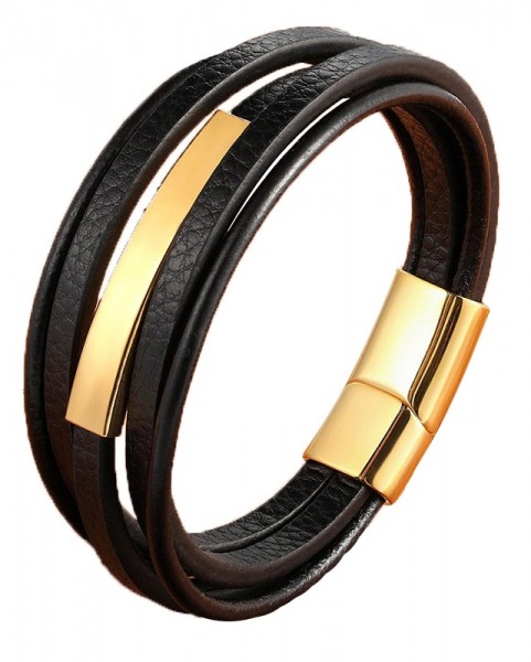 G-E9.3 B021-015G S. Steel with Leather Bracelet 21cm Gold-Black