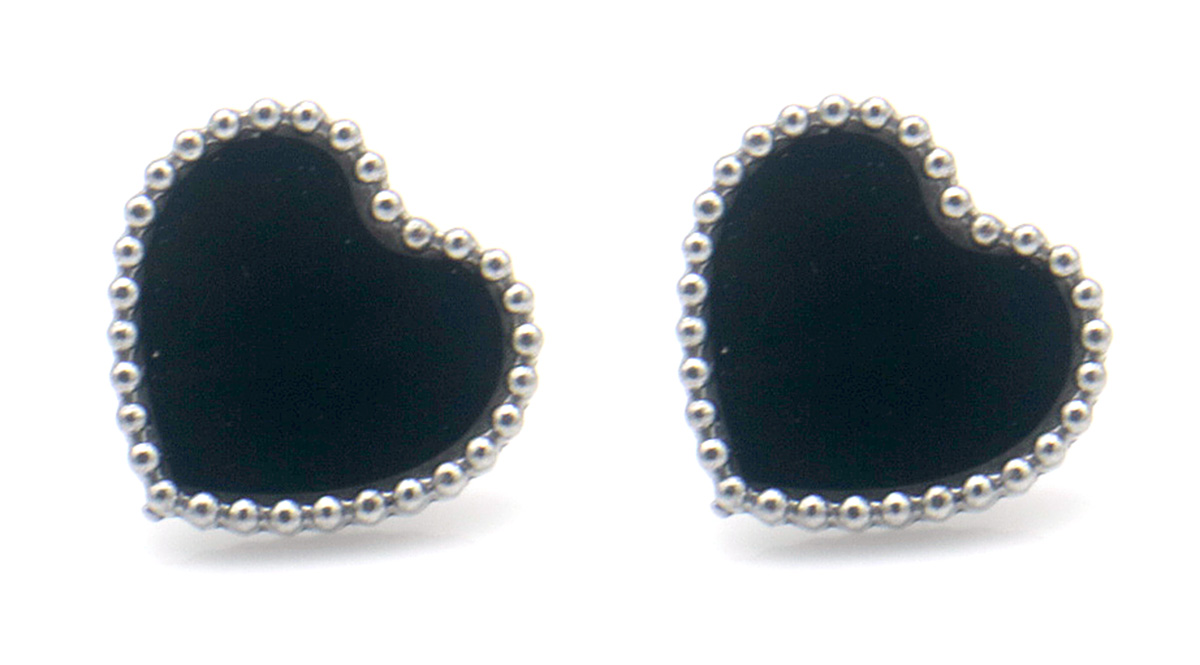 H-F5.3  E1033-010S S. Steel Earrings Hearts Black 1x1.2cm
