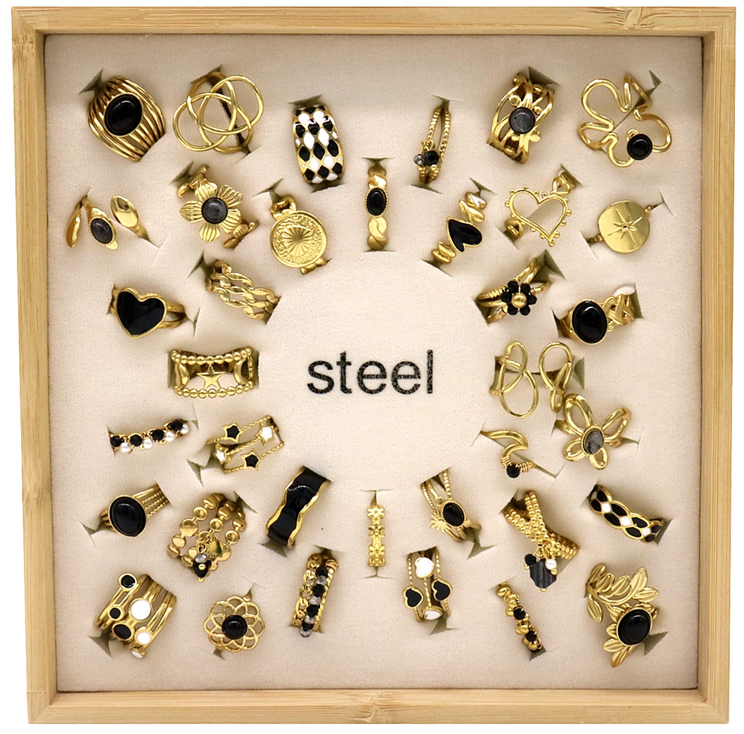 E-B10.1 R1144-006-1 S. Steel Rings Adjustable in Display - 36pcs Black