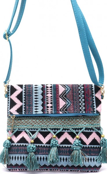 F-F25.1 BAG606-001C Woven Bohemian Bag Tassels Blue 25x24x3cm